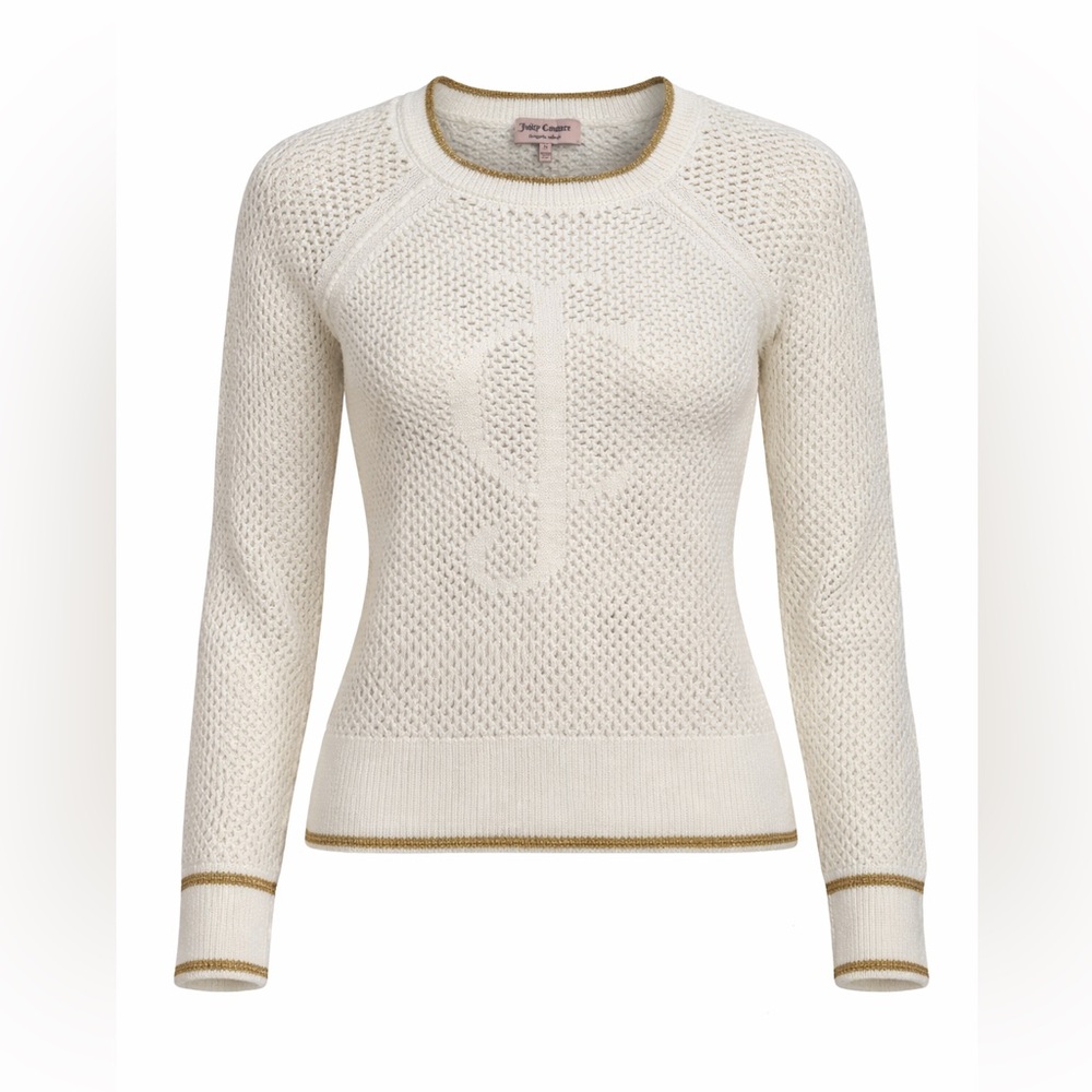 Juicy Couture Cream Knit Sweater Gold Trim Logo Crewneck Y2K Size M